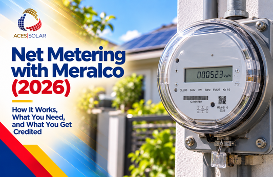 Bi-directional electric meter outside a Philippine home with rooftop solar panels, for ACES Solar's guide to Meralco net metering in 2026